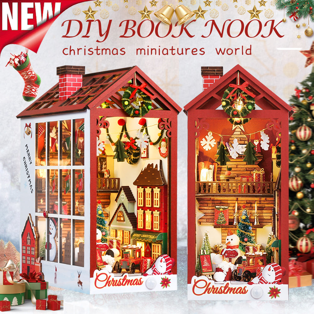 CUTEBEE DIY Wooden Book Nook Kit Bookshelf Inserts (Christmas miniatures world)